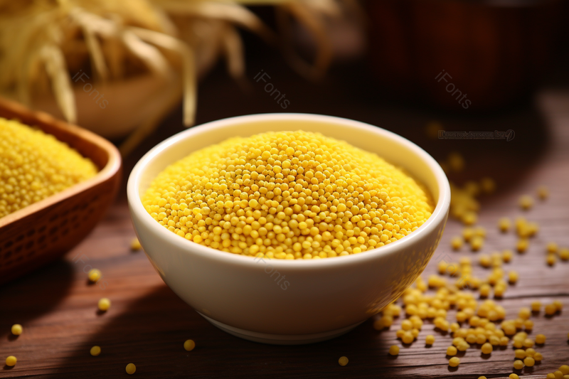 电商产品拍摄美食美味食物木板上一碗黄色的小米,高清,摄影图,摄影图片,图片大全,摄影图免费下载